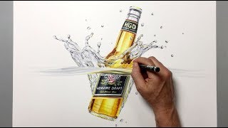 This photo-realistic drawing is showing a miller beer bottle falling
into water forming crown splash. the view lateral both sides, outside
and i...