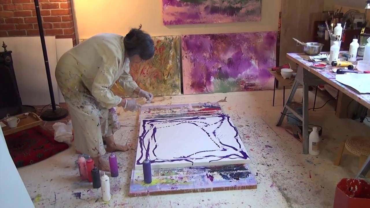 Abstract Acrylic Painting Demo - Liquid Number Three - Marlis painting in her studio