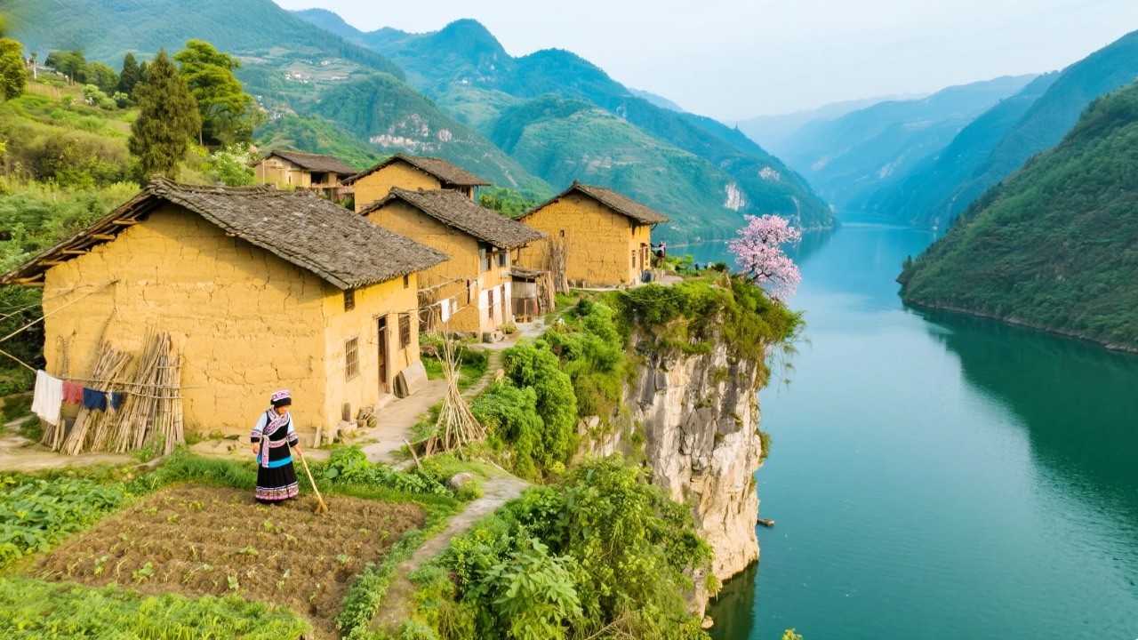 江边发现几户人家住在半崖，已在此生活百年之久，环境如世外桃源！【乡村阿泰】