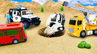 Rescue the truck from the pit with excavator and crane truck | Police car toy stories | Mega Trucks