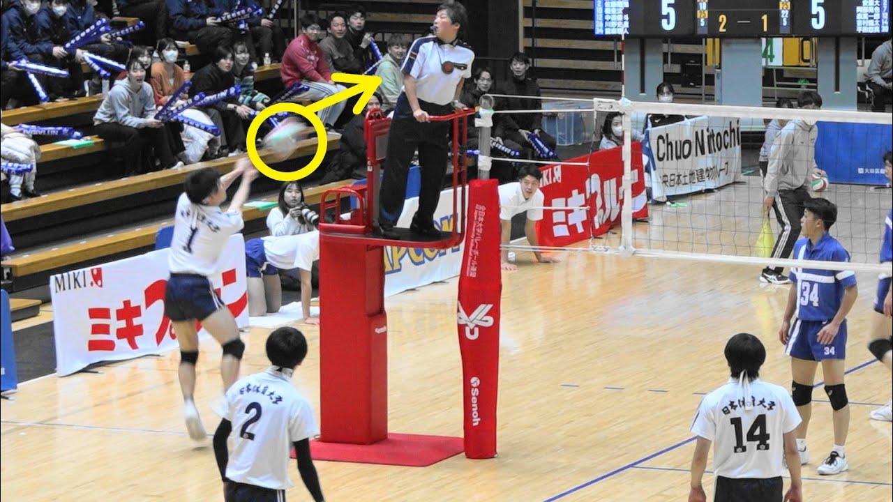 池城選手のボールが主審に直撃 東海大学vs日本体育大学 第4セット ハイ