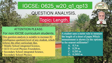 0625_w20_q1_qp13_length, IGCSE Length Q nearest to millimeter with a meter rule scale.
