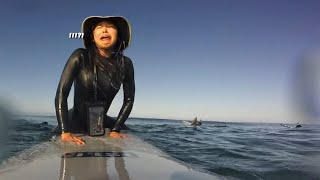 Novice surfing in Newport - dolphins, by the wind sailors, and birds!