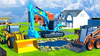 Building a swimming pool with Excavator, Dump Truck transporting rocks | 3D Construction Vehicles screenshot 4