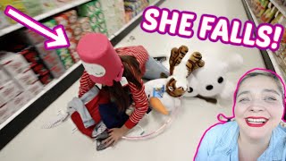 ANYTHING MY KID CAN CARRY, I’LL BUY IT CHALLENGE **SHE FALLS**