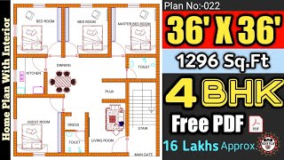 36x36 ft House Plan ? 1300 sqft Plan ? 36'*36' Ghar ka Naksha? Interior?4BHK ?Plan No:22