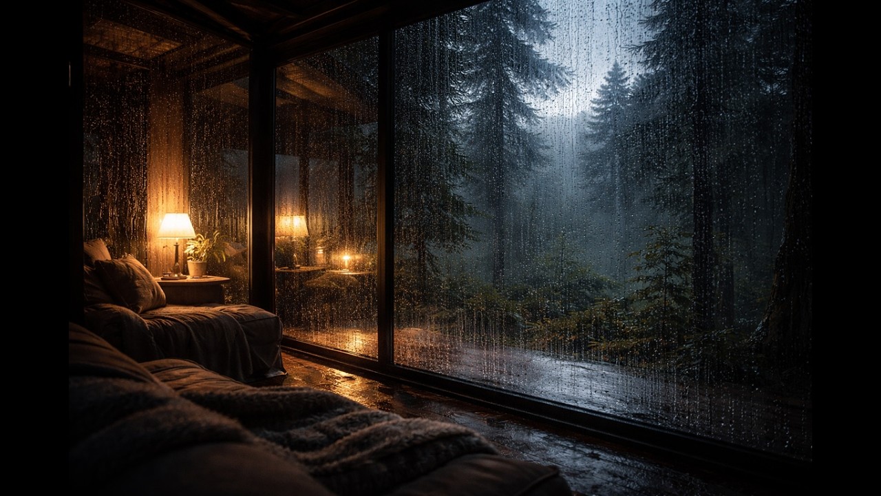 Rain Echoes in a Glass Cabin 🌧️ Cozy Forest Rain Sounds for Deep Sleep & Relaxation