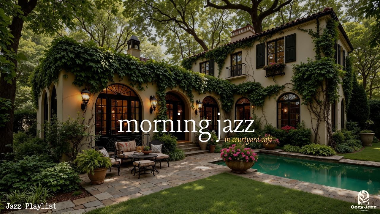 Morning Jazz at Courtyard Cafe Ambience | Gentle Jazz Music & Nature Sounds for Work, Study