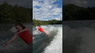 40 year old mom slams over and over then stomps a 360 wakesurfing