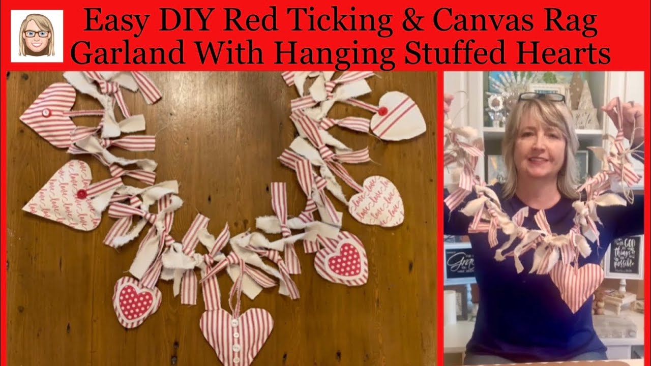 Easy DIY Red Ticking & Canvas Rag Garland with Hanging Stuffed Hearts ...