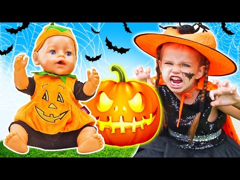 Maya and Lina go Trick or Treating! Baby Born doll & Halloween party! Family-fun stories for kids.
