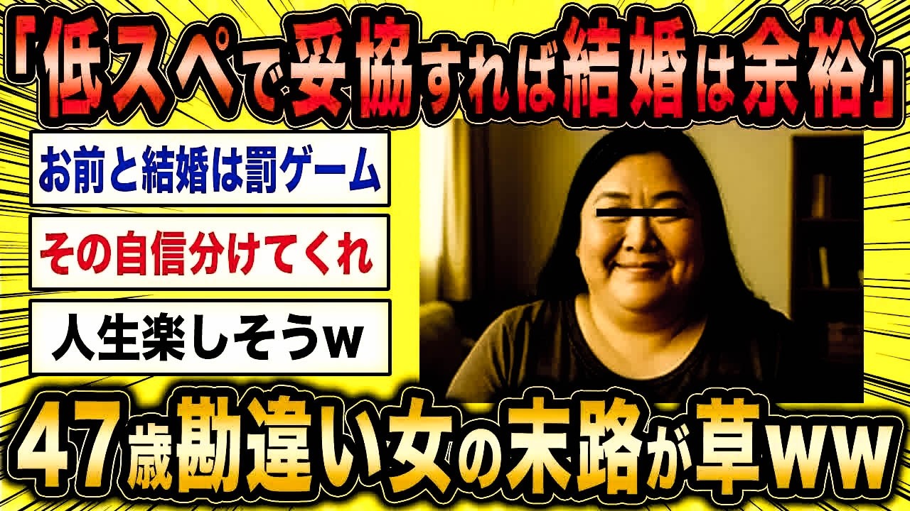 【2ch面白いスレ】47歳勘違い女「妥協すればすぐ結婚できるはずです！」←結婚できない婚活女子の末路が草ww【ゆっくり解説】
