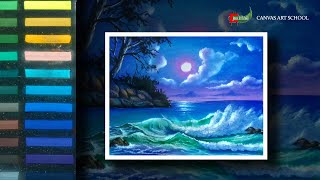 How to Draw Ocean Waves under the Moonlight Sky | Soft Pastel Drawing | Canvas Art screenshot 1
