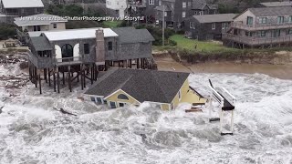 Drone captures moment home on stilts collapses in North Carolina surf