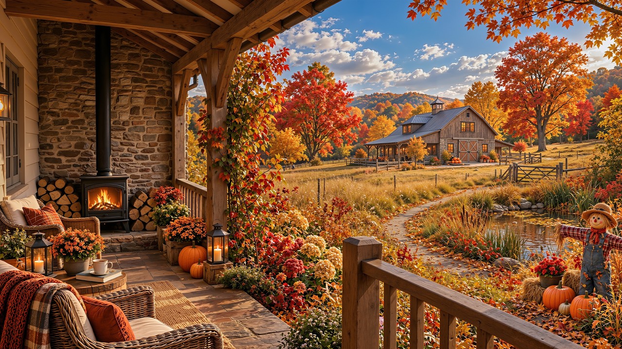 Calm Autumn Farmhouse Jazz 🍂 Warm Jazz, Fireplace & Nature Ambience For Relaxation