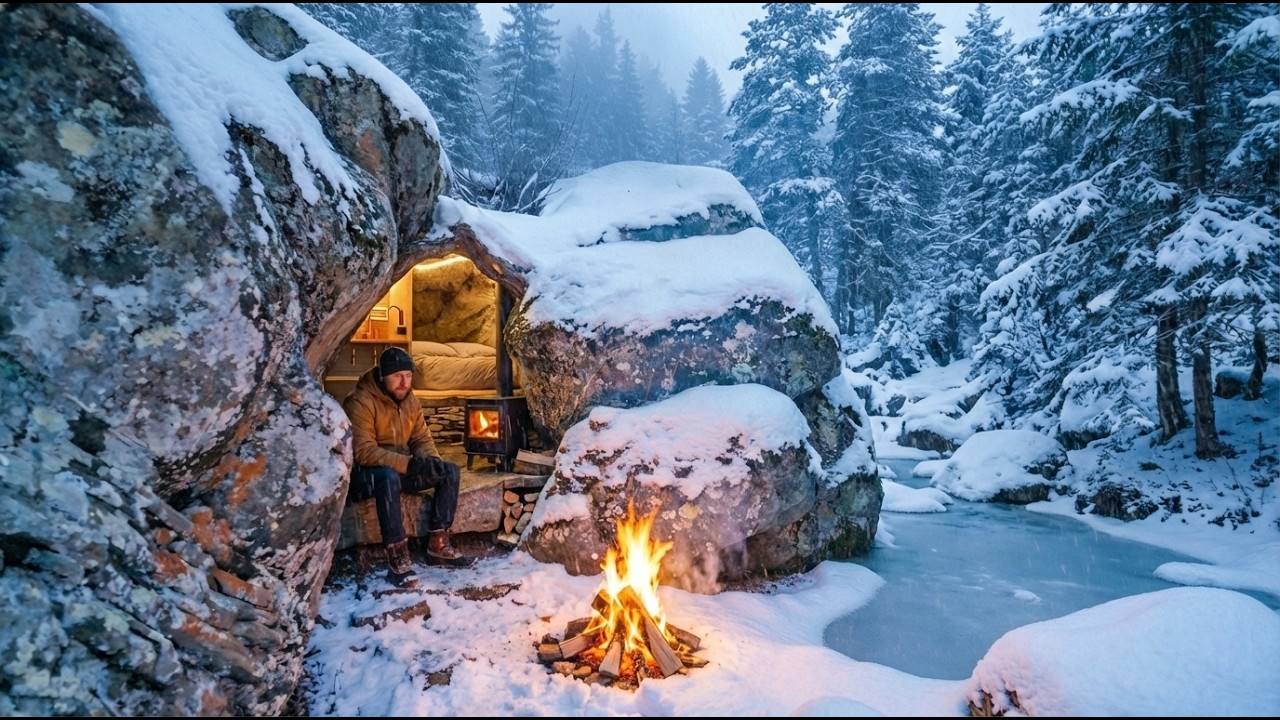 Building a Cave Shelter to Survive in Heavy Snow (ASMR) - I built a ...