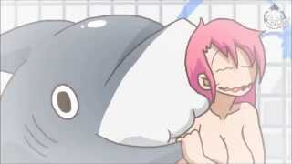A shark nibbles on a pink haired girl in the shower for a minute