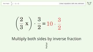 Linear equation with one unknown: Solve 2/3x-4=6 step-by-step solution