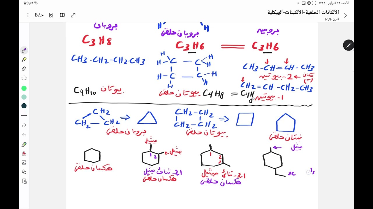 شرح تسمية الألكانات الحلقة والألكينات والصلاة الهيكلية-١١-علمي