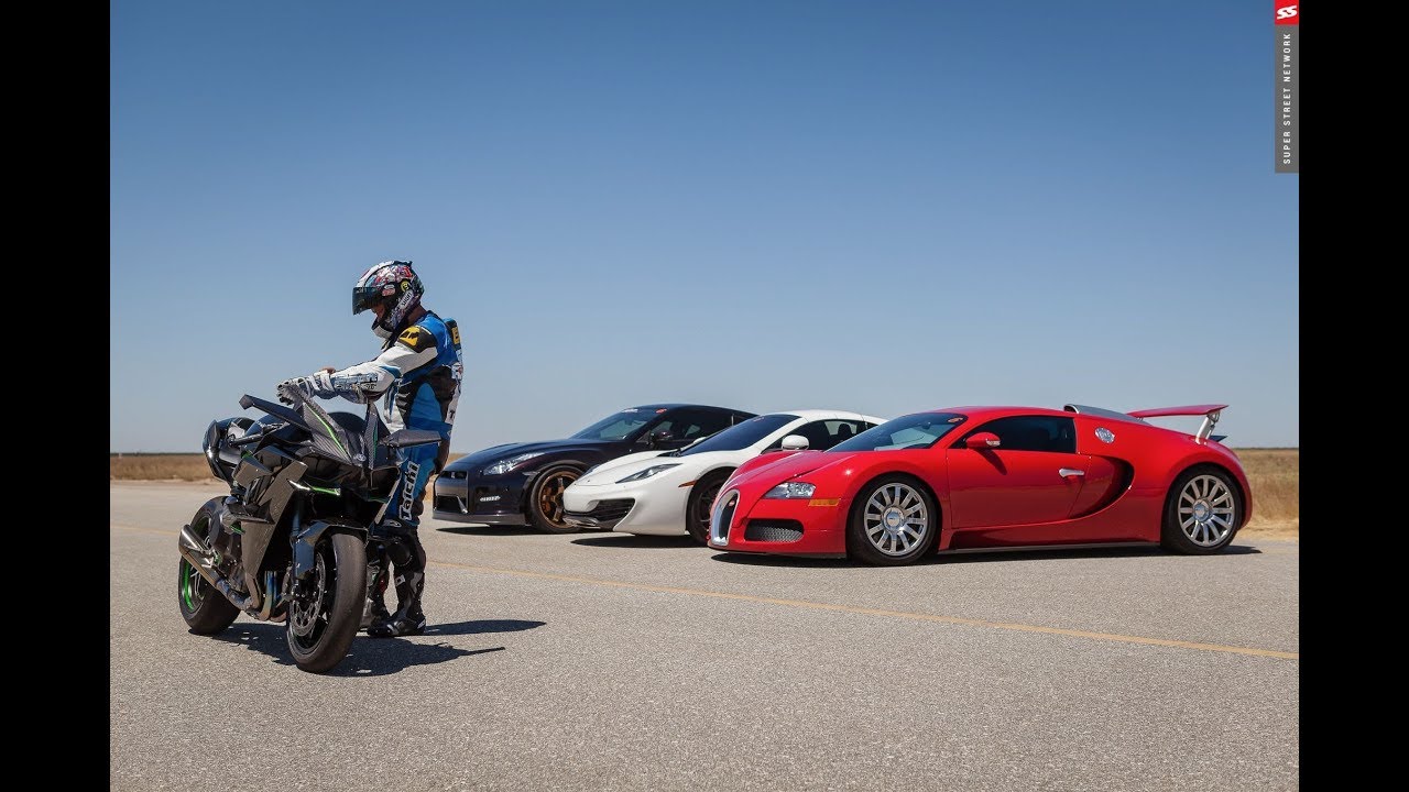 Kawasaki Ninja H2r vs Bugatti Veyron, GTR And McLaren Drag Race