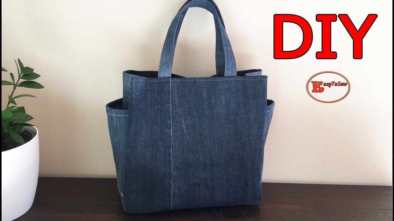 DIY DENIM TOTE BAG WITH SIDE POCKETS | DENIM BAG SEWING TUTORIAL - YouTube