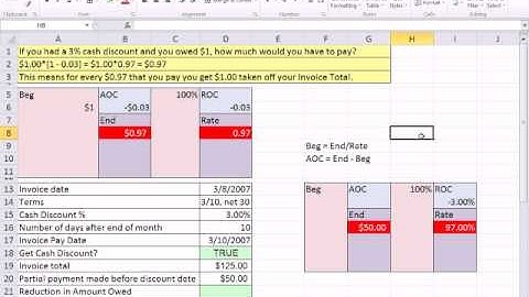 Excel 2010 Business Math 66: Partial Payments: Cash Discounts, Credit Applied & Remaining Balances