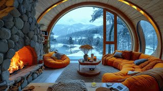 Winter Cabin Bedroom in Blizzard Ambience with Fireplace Sound and Smooth Jazz for Study, Sleep ❄️
