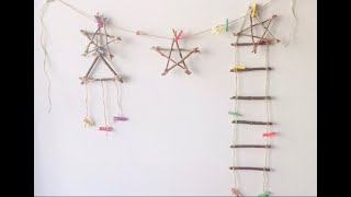 Stick craft/ String stair/ Star/ Triangle/ room decration/ Creative recyclable.用树枝手工制作五角星，三角形和绳梯。
