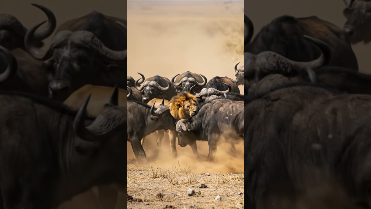 Tense Moment as a Lion Confronts a Group of Buffalo  