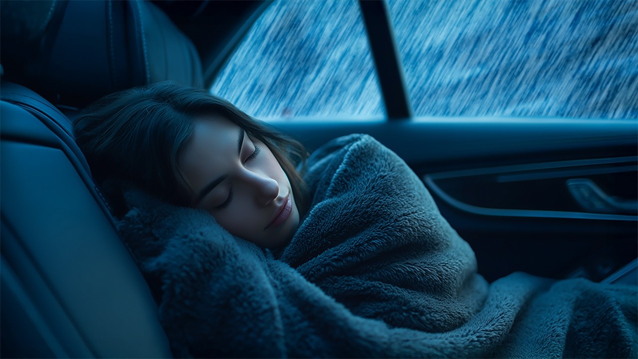 Midnight Heavy Rain in Car with Thunder for Deep Sleep and Relaxing Storm Ambience Sounds