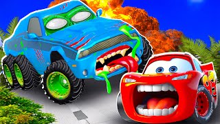 Big & Small:McQueen and Mater VS Rod-Torque ZOMBIE slime apocalypse cars in BeamNG.drive