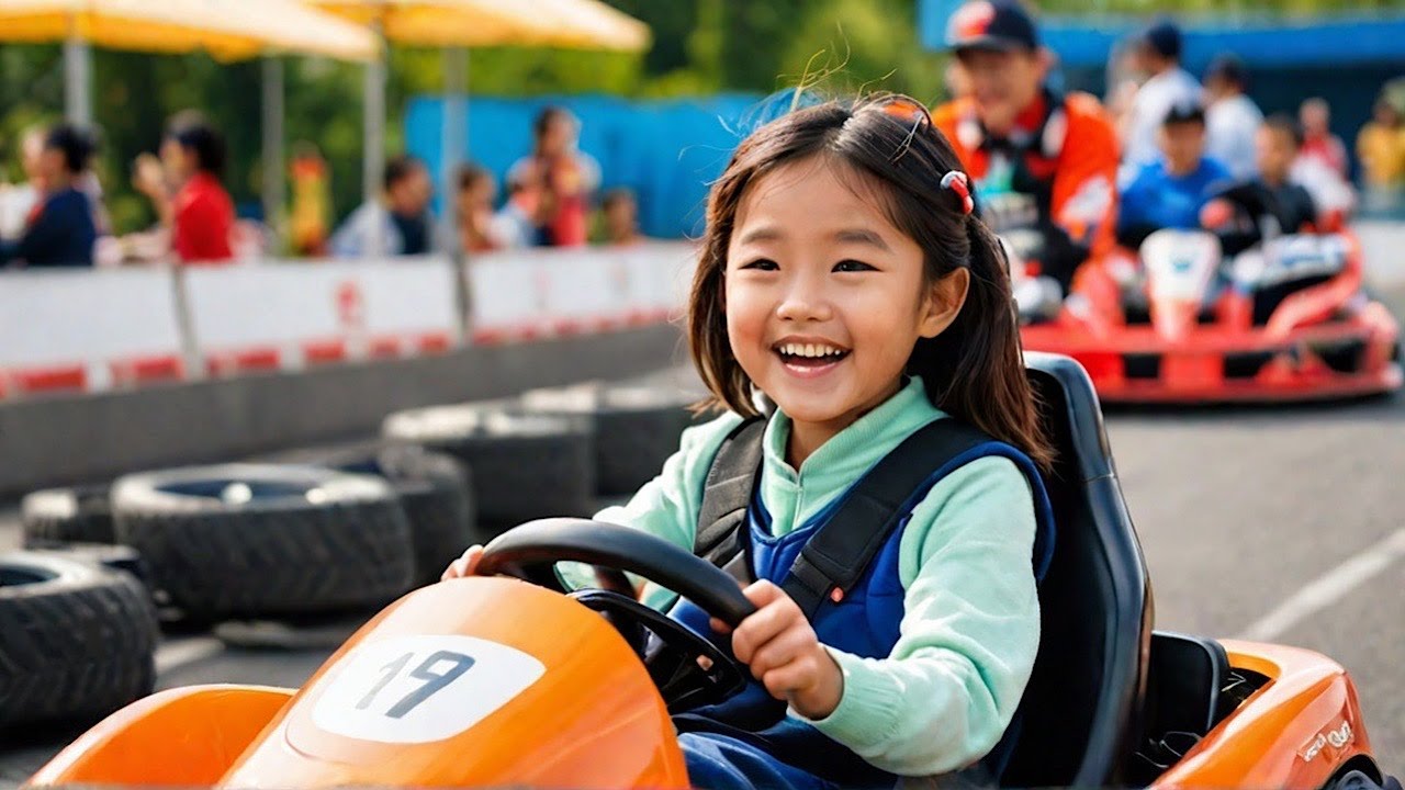 ８歳の日本人少女がゴーカートで運転を楽しむ