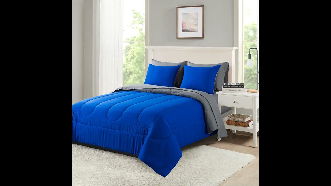 Solid Blue Reversible Comforter Set with Grey Sheets Mainstays Bed in a Bag Kit Adult