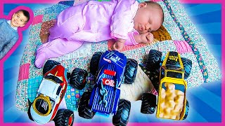 Monster Trucks for Kids Help Take Care of a Real Newborn Baby