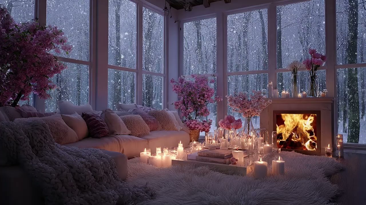 Cozy Candlelit Living Room Ambience with Snowfall Outside, Warm Fireplace Crackles and Winter Wind