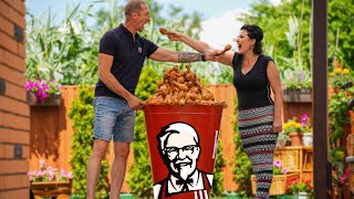 A huge Bucket of KFC legs! Homemade restaurant with crispy French fries and chicken