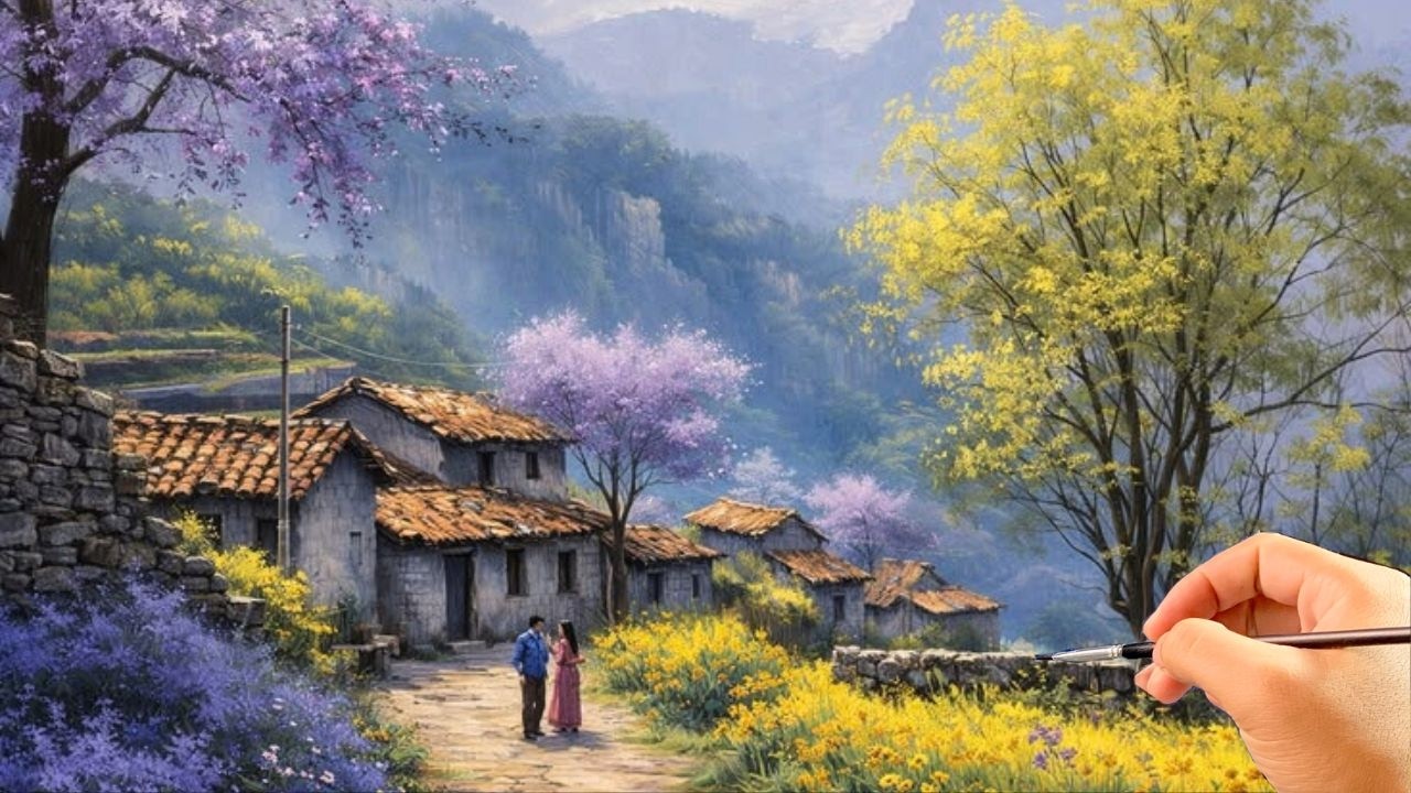 🎨 Painting a Dreamy Spring Village in the Mountains | Relaxing Acrylic Landscape | #054