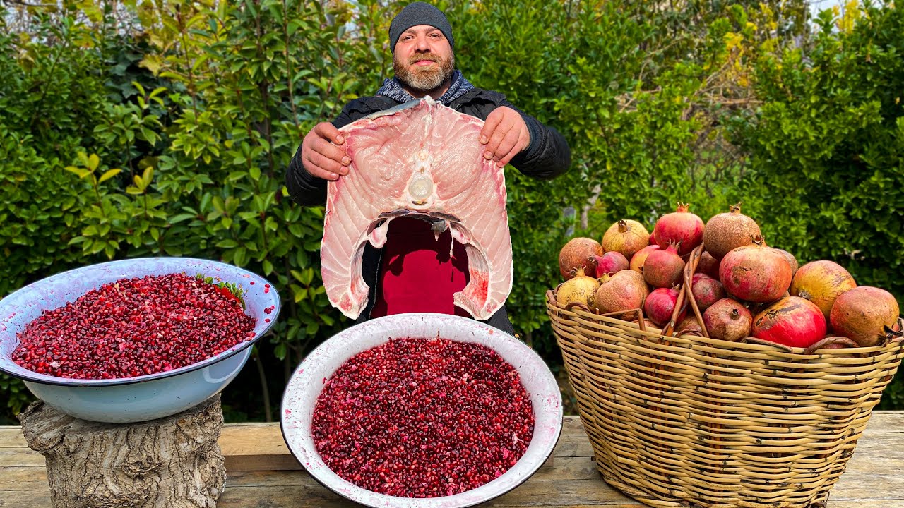 ⁣Harvesting Pomegranates and Cooking 6 KG of BELUGA STURGEON with Pomegranate Syrup