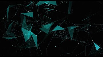 Plexus abstract multicolored geometrical lines with moving triangles and dots on a black background