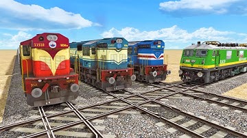 Railroad Crossing Of 4 Trains Running At Diamond Bumpy Railroad Tracks | Train Simulator #Railroad