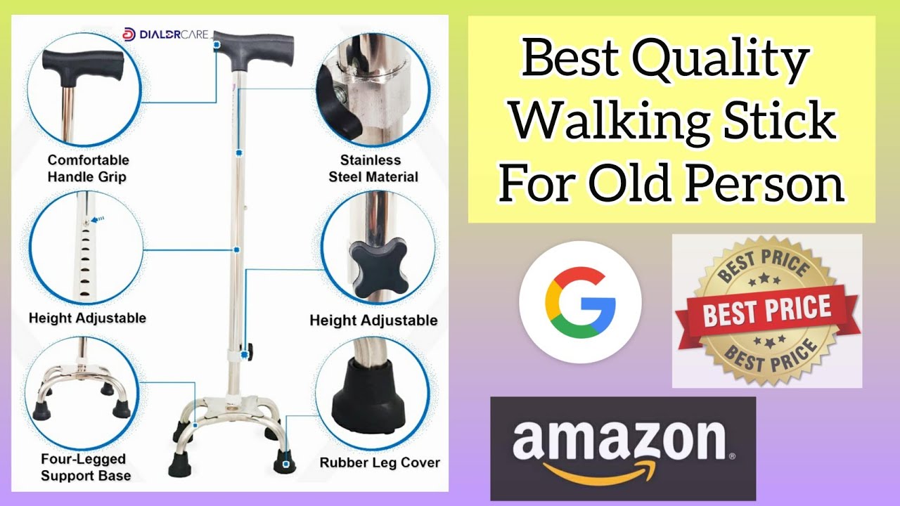 DIALDRCARE Height Adjustable 4 Leg Handle Walking Stick for Old Persons Unboxing 