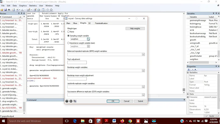 Declare Survey data, create weights, FPC and analysis using SVY in STATA: Simple Random Sampling