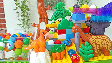 Satisfying Building Blocks Marble Run ASMR Surprise! Big Triceratops Dinosaur Block Coaster!
