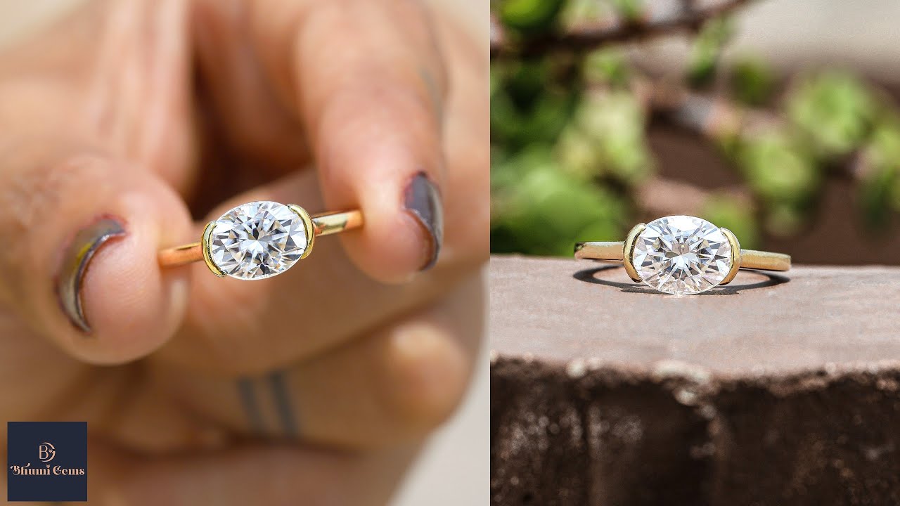 Oval Moissanite Engagement Ring, Wedding / Bridal Set, East West Half