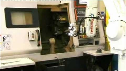 RFA Kawasaki Robotloader with magazins loading a Mazak lathe