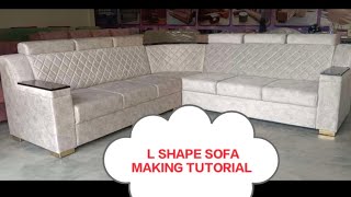 L Shape Corner sofa set making with headrest model || quilted fabric sofa making