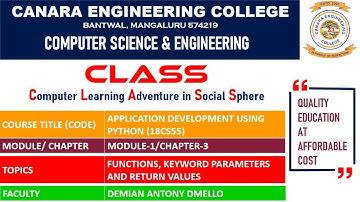 VTU ADP (18CS55) Application Development using Python: Function Return & Keyword Parameters (M1 L8)