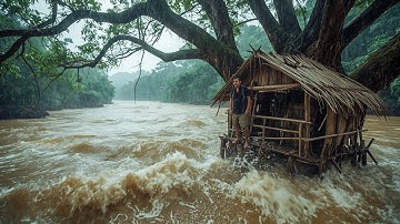 60-Day Challenge:Building a Tree Shelter to Survive the Flood Season Using Primitive Tools,Bushcraft
