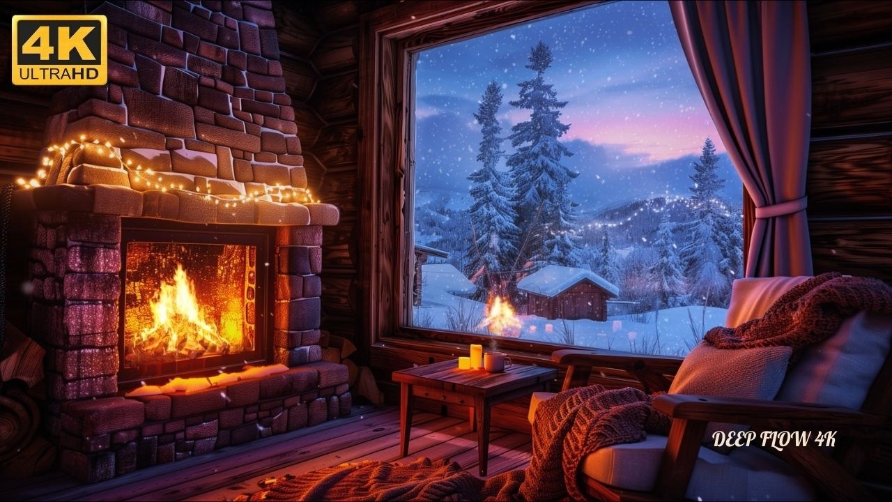 🔥 4K Fireplace Ambience ❄️ Snowy Cabin Night – The Coziest Winter Escape for Deep Sleep