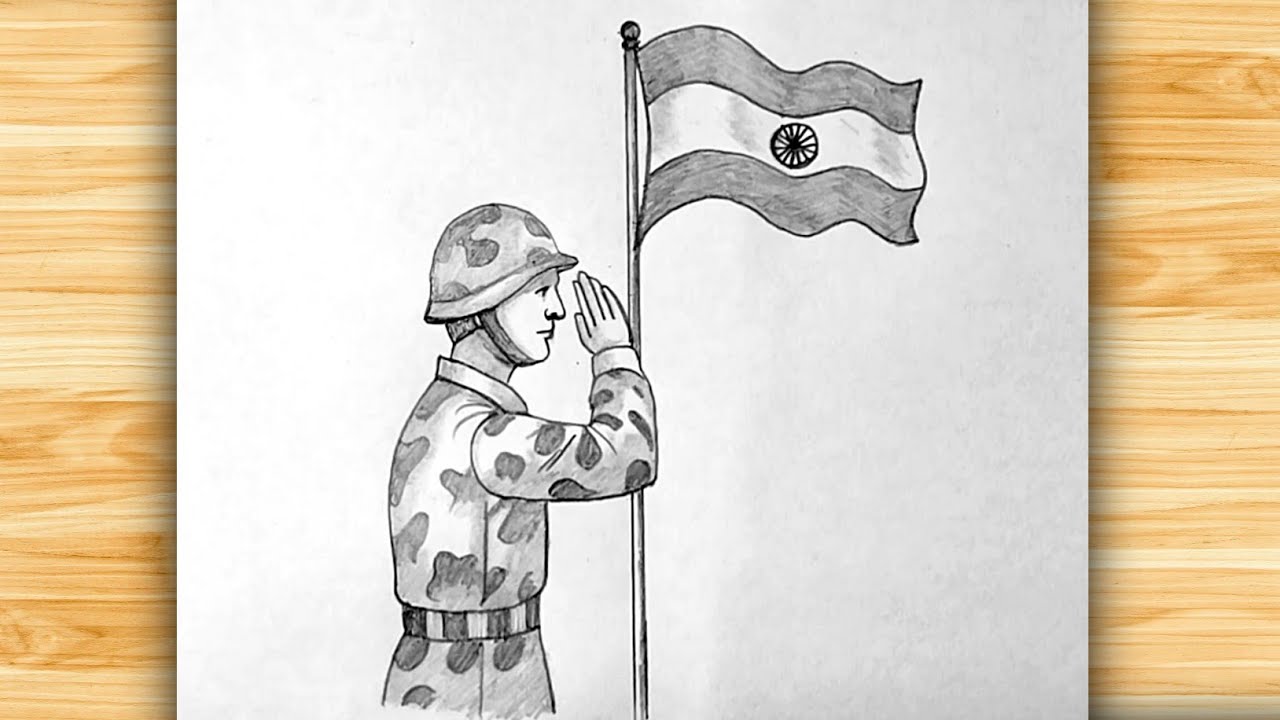 15 August Drawing | Soldier Suluting Indin Flag | Pancil Sketch